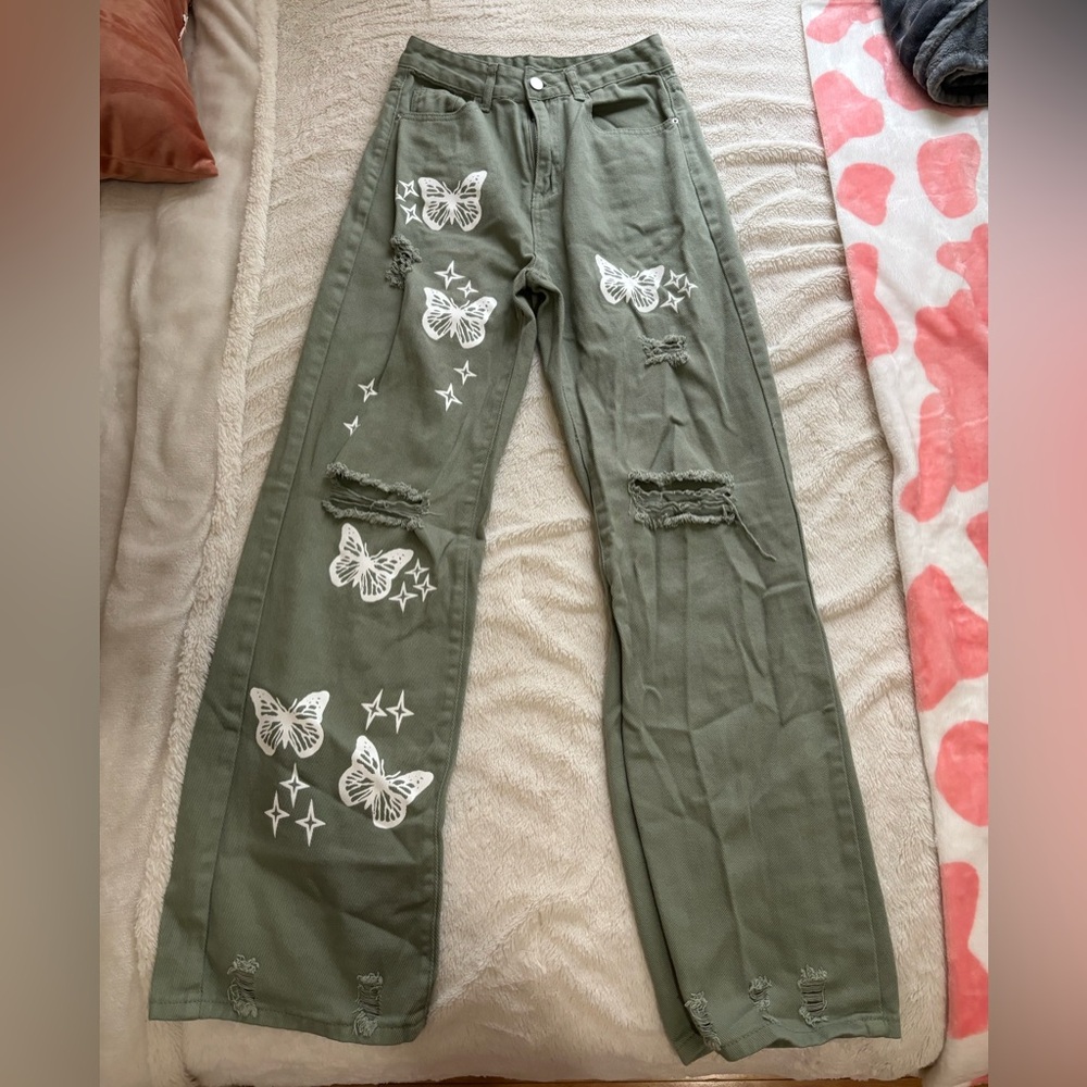 Green Butterfly Baggy Ripped Jeans